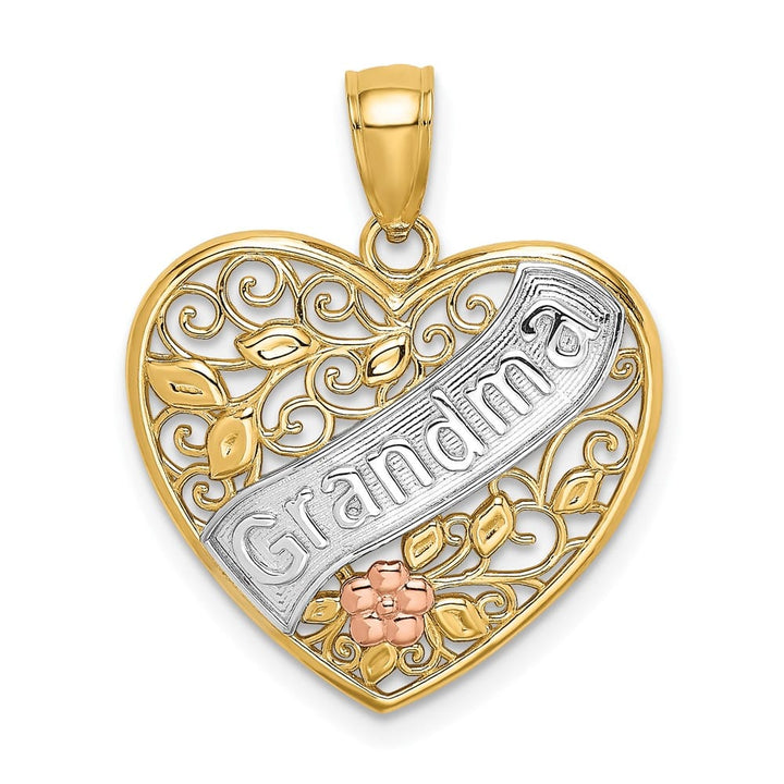 10K Two-Tone Gold Polished Large GRANDMA Filigree Heart Charm