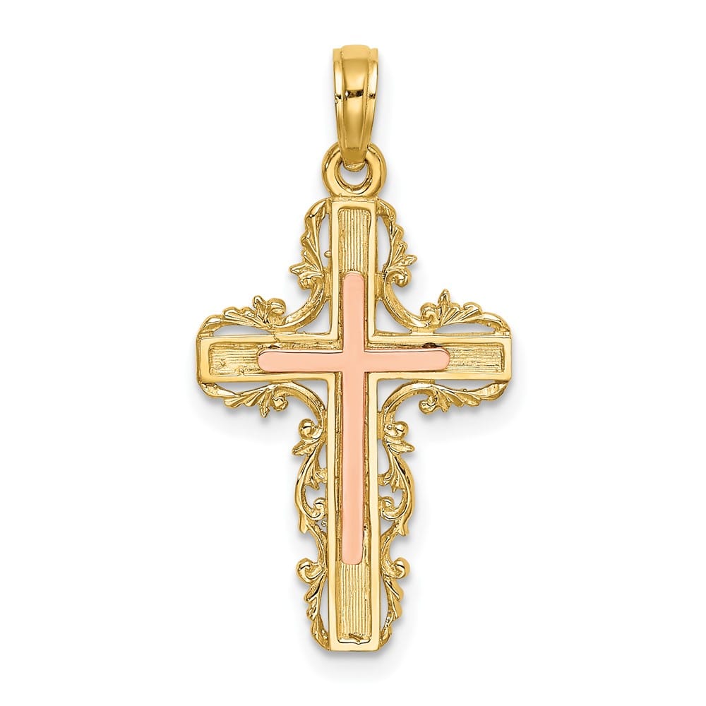 10K Two-Tone Gold Polished Large with Lace Trim Latin Cross Charm