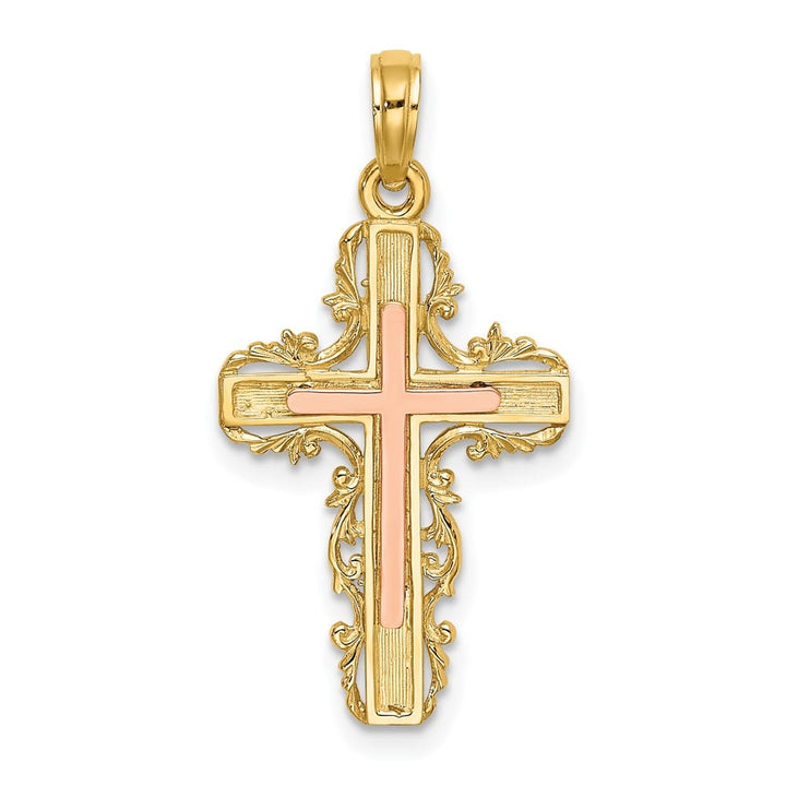 10K Two-Tone Gold Polished Large with Lace Trim Latin Cross Charm