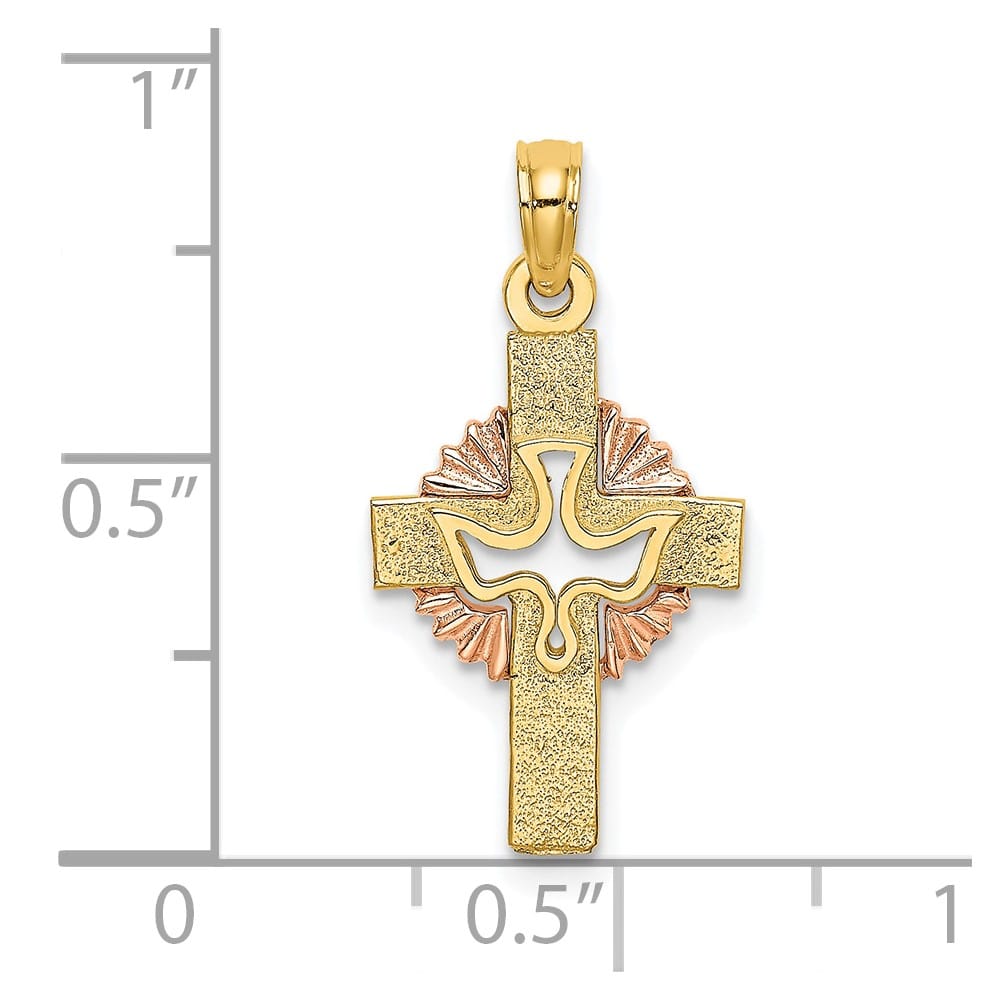10K Two-Tone Gold Polished Medium Cut-Out Dove Celtic Cross Charm