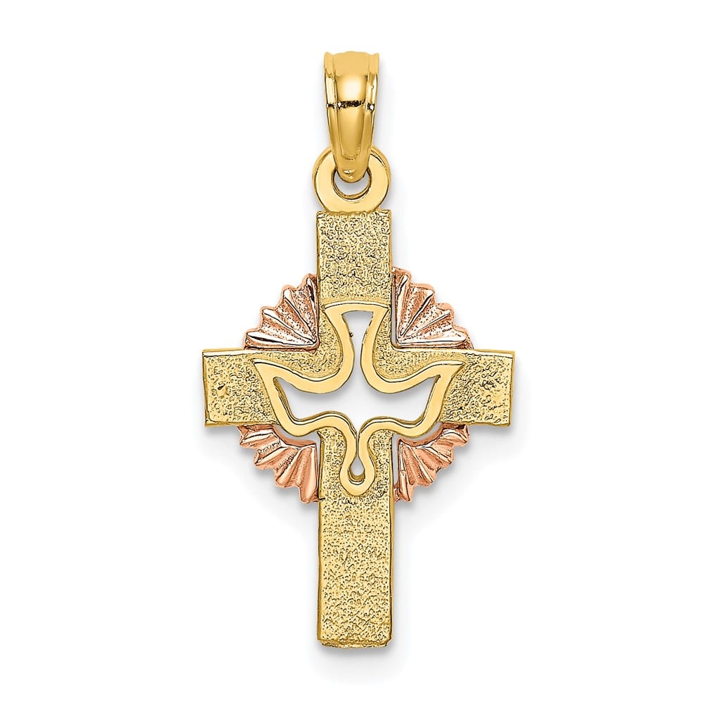 10K Two-Tone Gold Polished Medium Cut-Out Dove Celtic Cross Charm