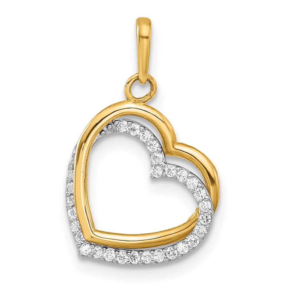 10K Two-Tone Gold Polished Medium CZ Two-Hearts Charm