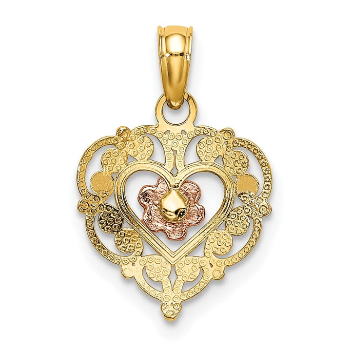 10K Two-Tone Gold Polished Medium Flower in Fancy Border Heart Pendant