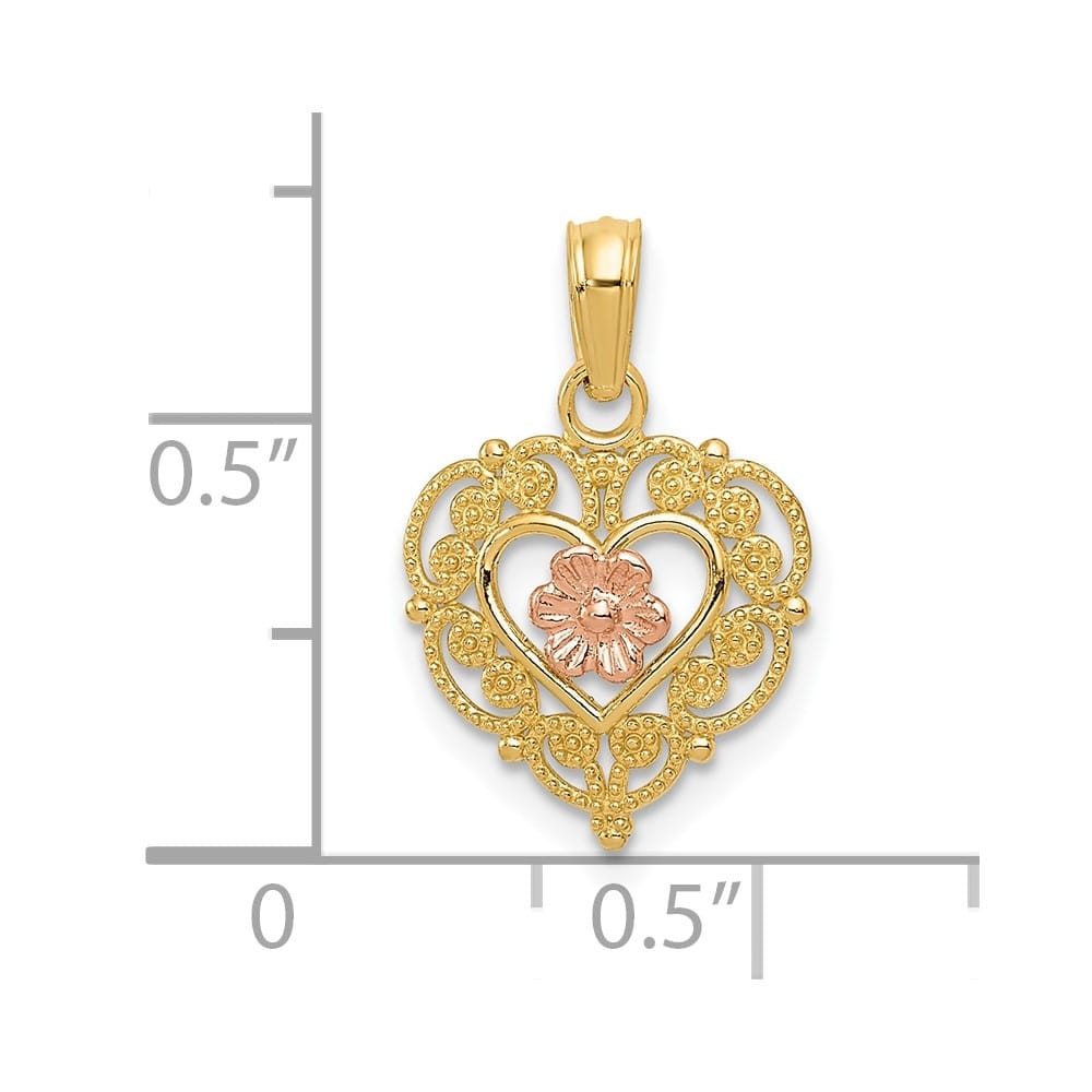 10K Two-Tone Gold Polished Medium Flower in Fancy Border Heart Pendant