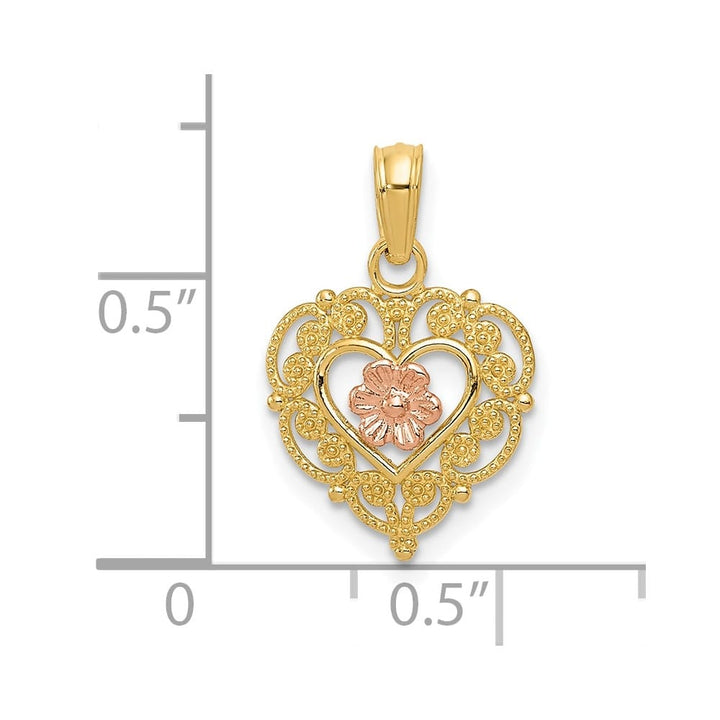 10K Two-Tone Gold Polished Medium Flower in Fancy Border Heart Pendant
