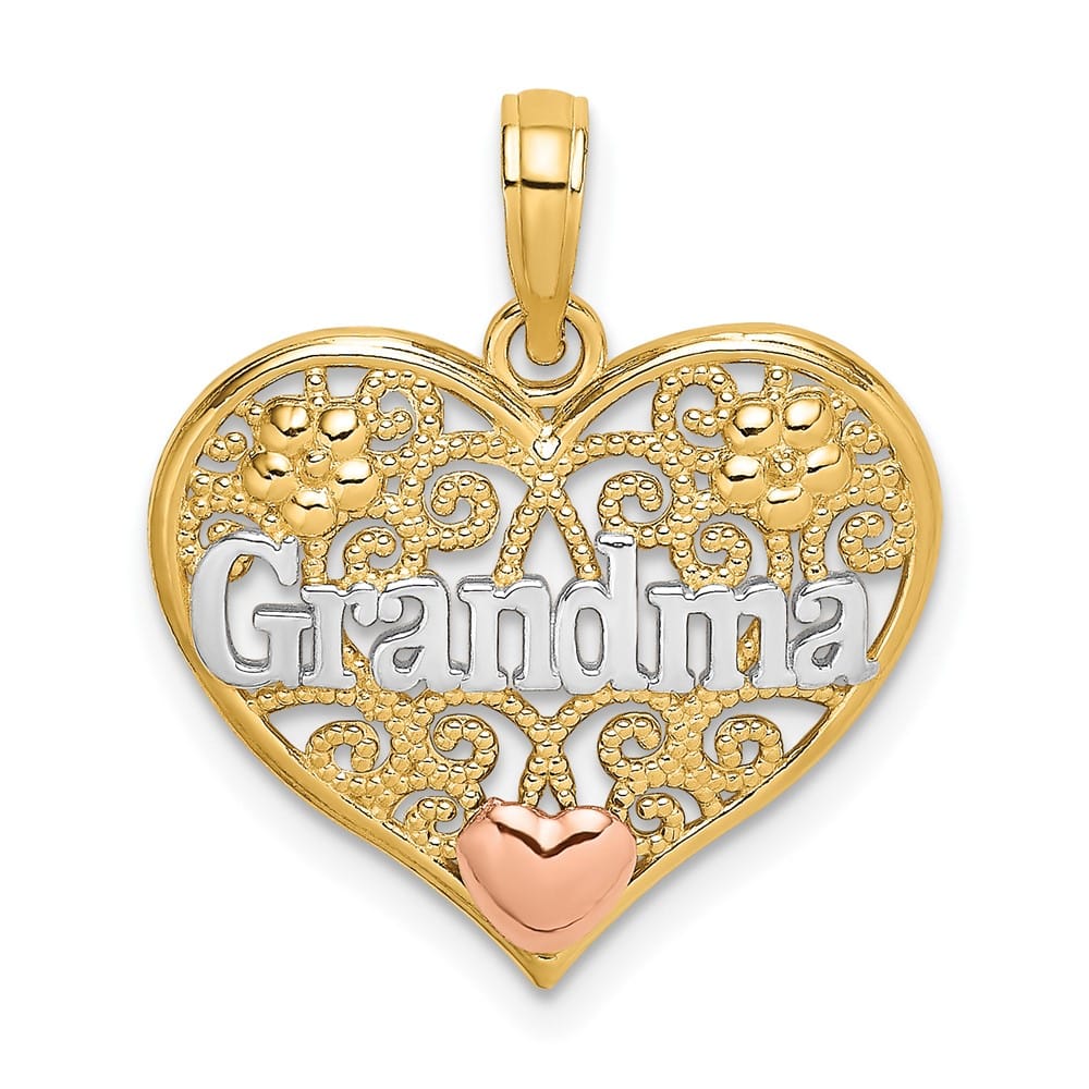 10K Two-Tone Gold Polished Medium GRANDMA Filigree Heart Charm