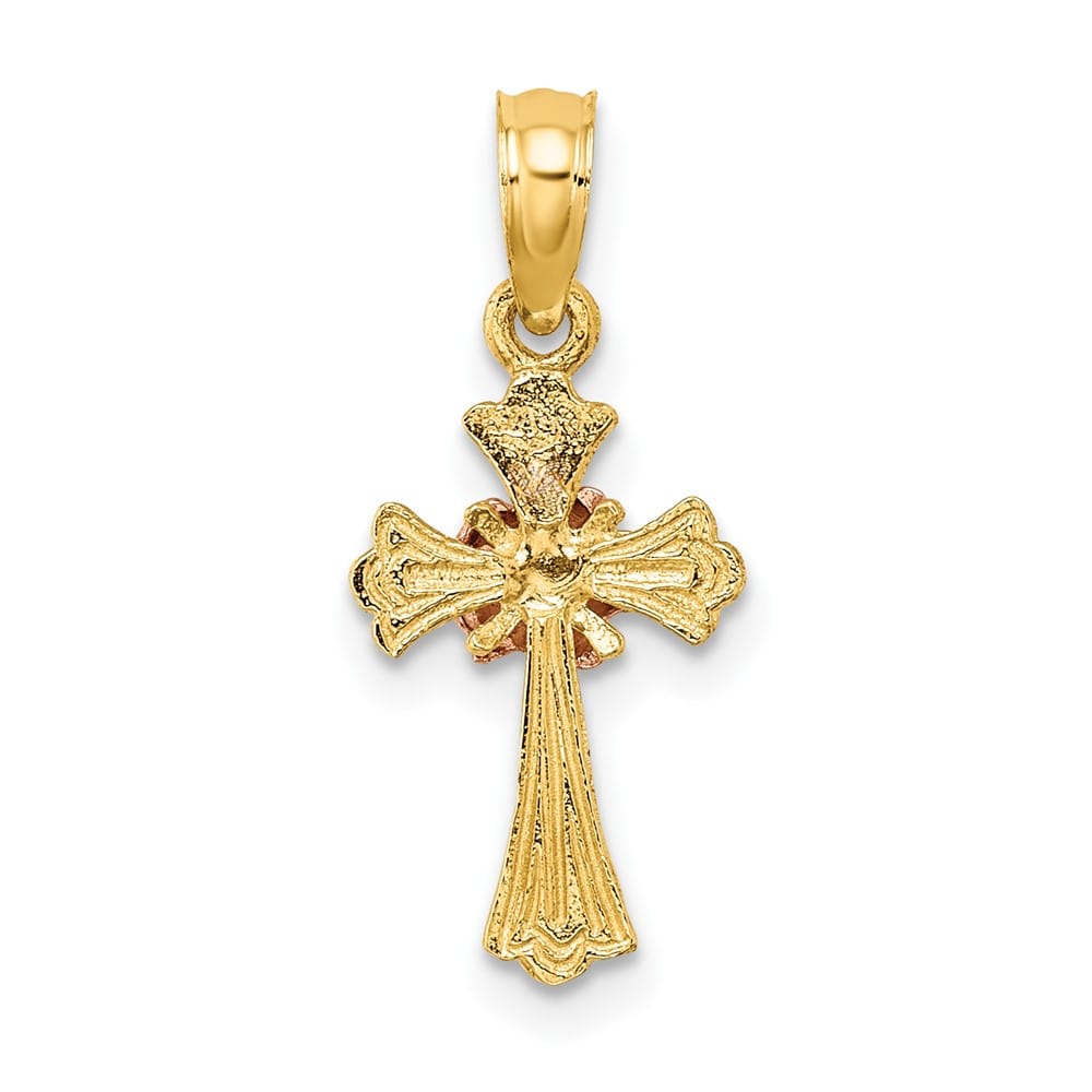 10K Two-Tone Gold Polished Small Budded Cross with Flower Center Charm