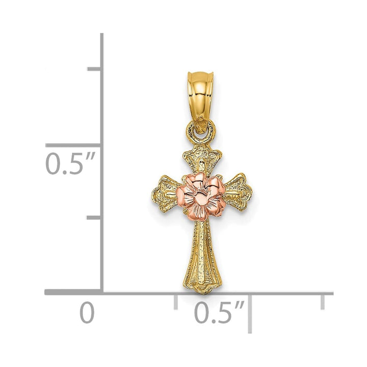 10K Two-Tone Gold Polished Small Budded Cross with Flower Center Charm