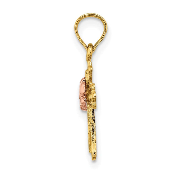 10K Two-Tone Gold Polished Small Budded Cross with Flower Center Charm