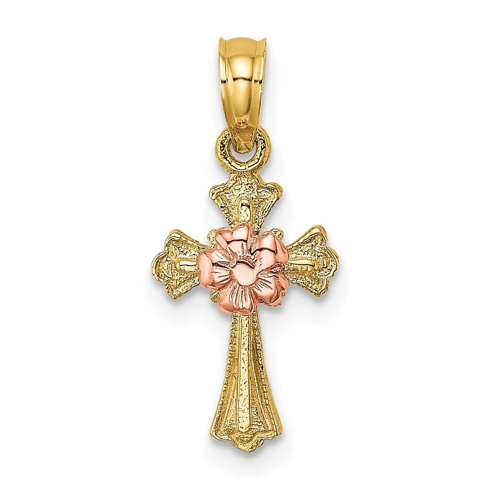 10K Two-Tone Gold Polished Small Budded Cross with Flower Center Charm