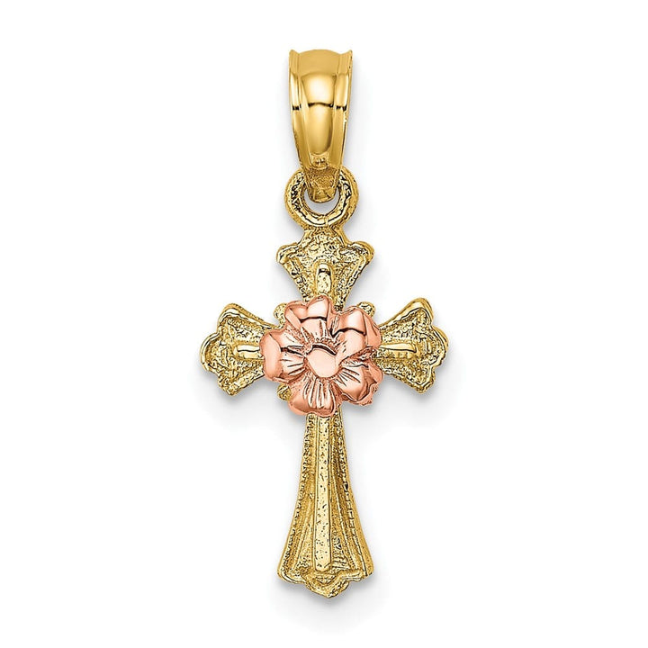 10K Two-Tone Gold Polished Small Budded Cross with Flower Center Charm