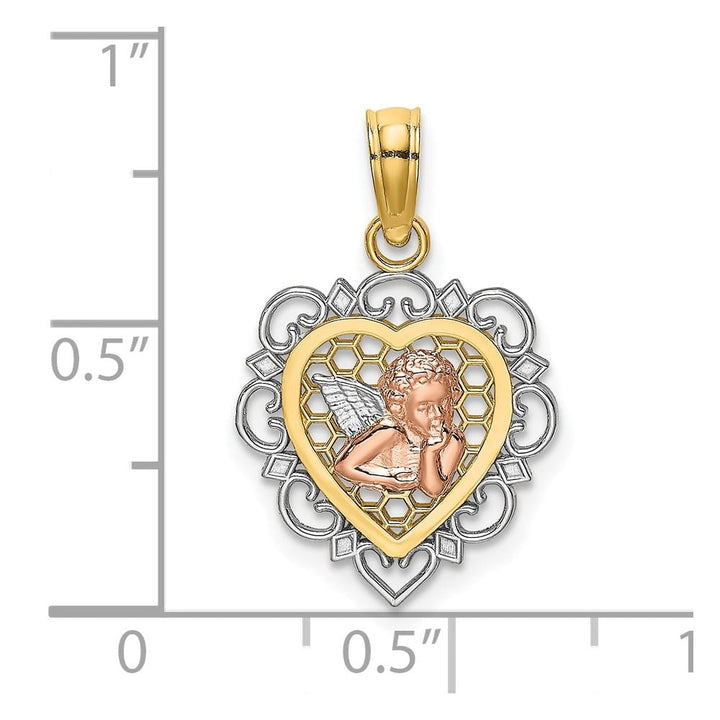 10K Two-Tone Gold Small Angel In Scalloped Heart Charm