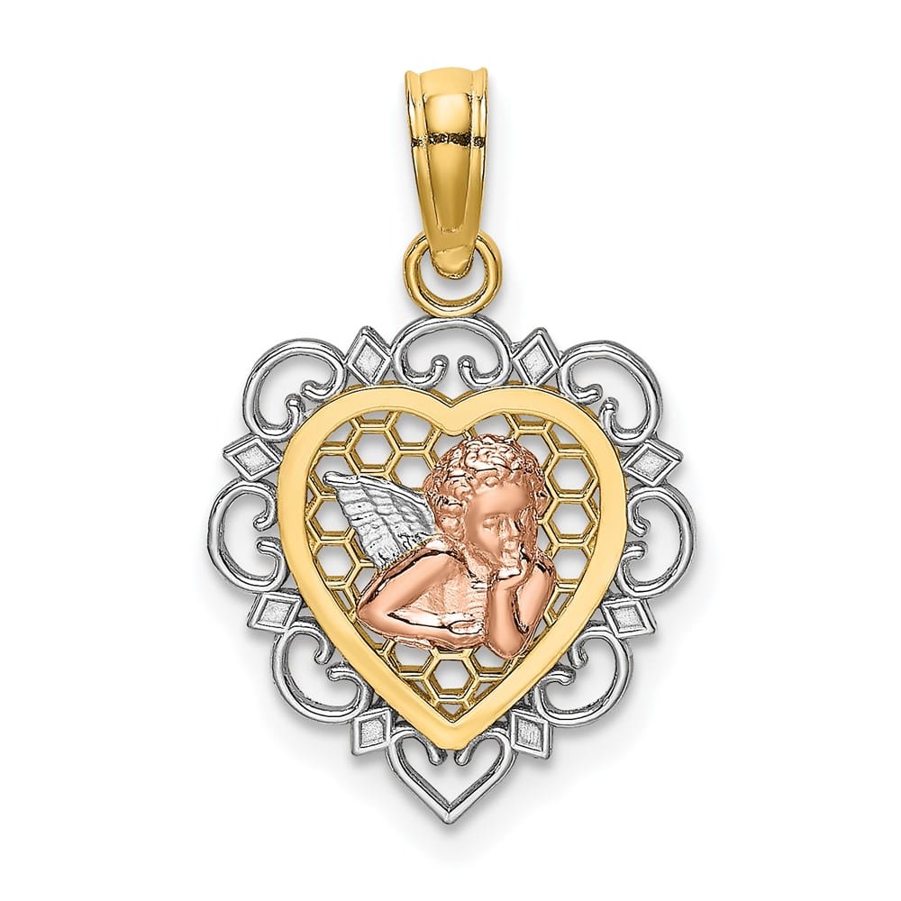 10K Two-Tone Gold Small Angel In Scalloped Heart Charm
