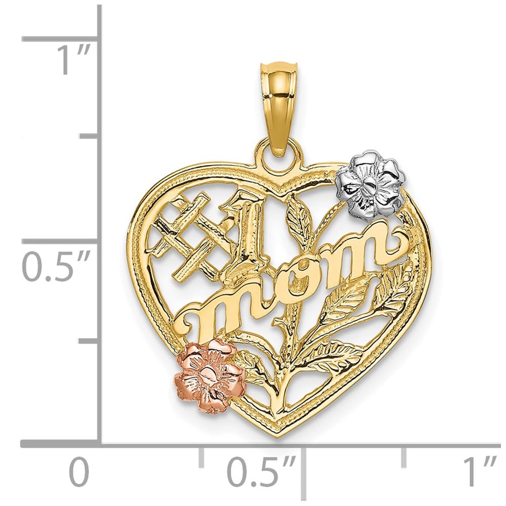 10K Two-Tone Gold Solid Large #1 MOM in Heart with Flower Charm