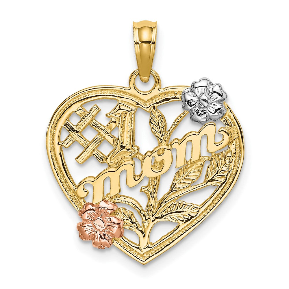 10K Two-Tone Gold Solid Large #1 MOM in Heart with Flower Charm