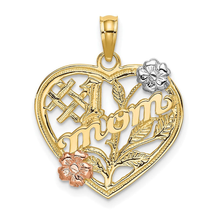 10K Two-Tone Gold Solid Large #1 MOM in Heart with Flower Charm
