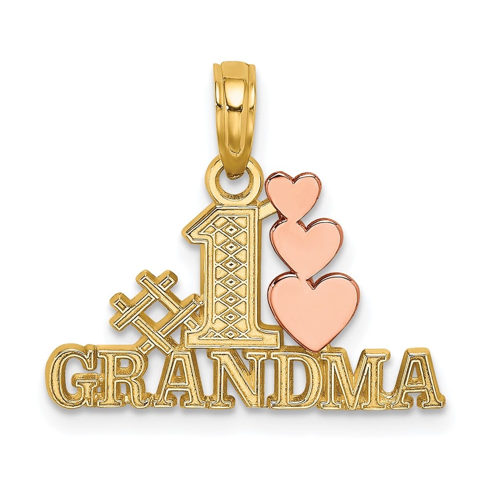 10K Two-Tone Gold Solid Medium #1 GRANDMA with Three Hearts Charm