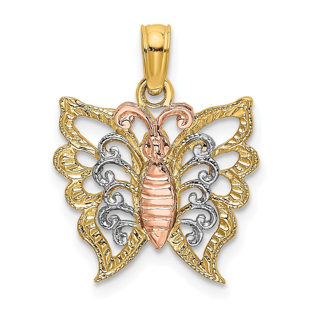 10K Two-Tone Gold Solid Polished Extra Large Butterfly Cut-Out Charm