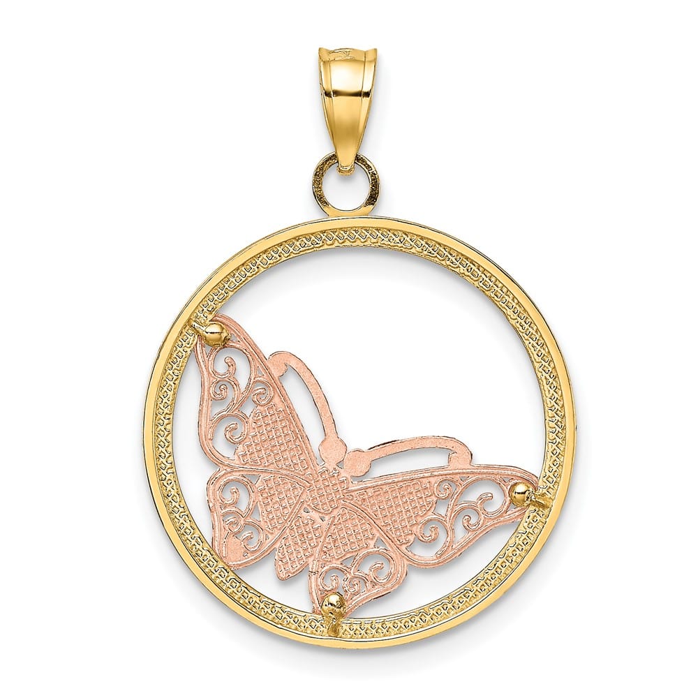 10K Two-Tone Gold Solid Polished Extra Large Butterfly in Circle Charm