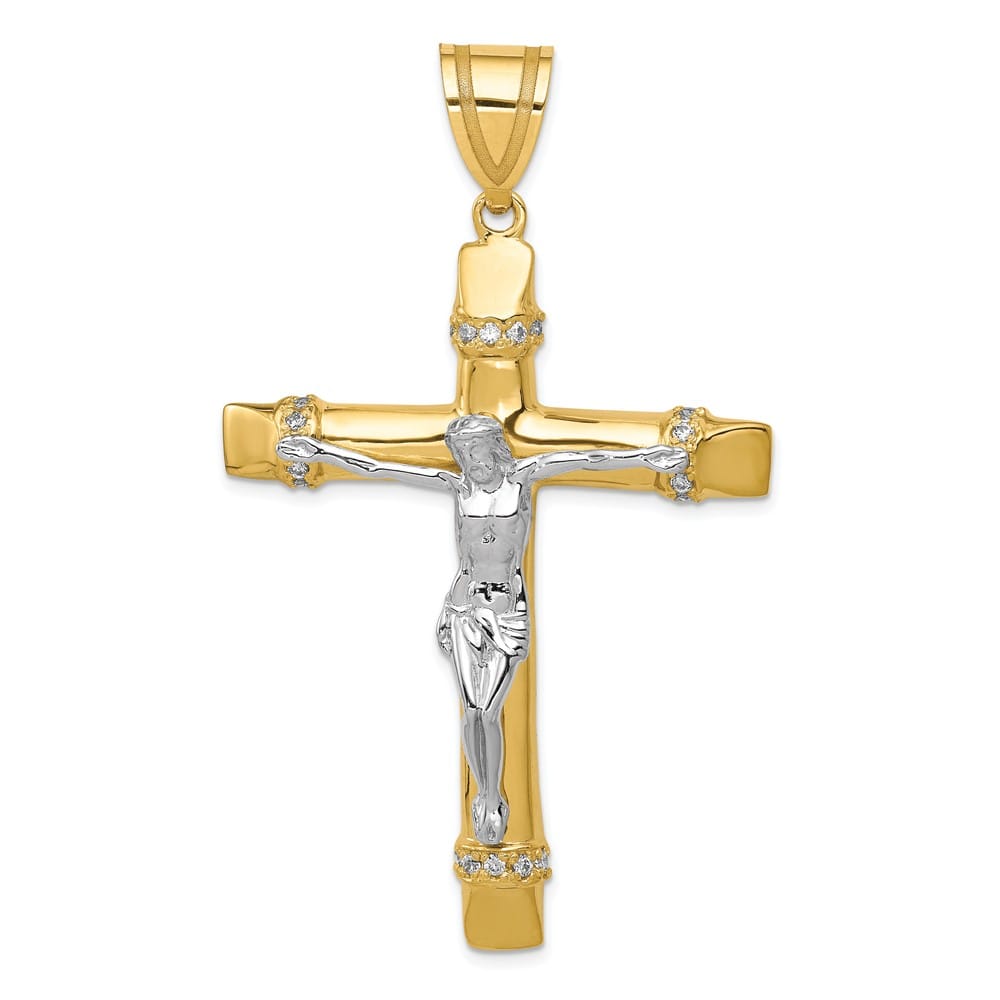 10K Two-Tone Gold Solid Polished Extra Large CZ Latin Crucifix Pendant