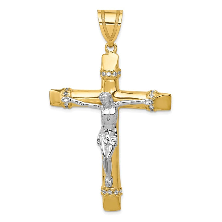 10K Two-Tone Gold Solid Polished Extra Large CZ Latin Crucifix Pendant