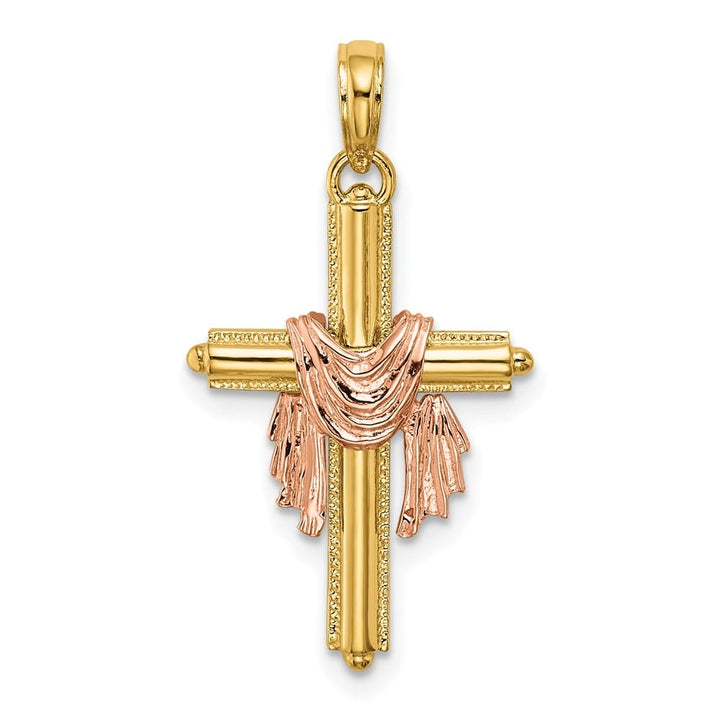 10K Two-Tone Gold Solid Polished Large Cross with Drape Charm