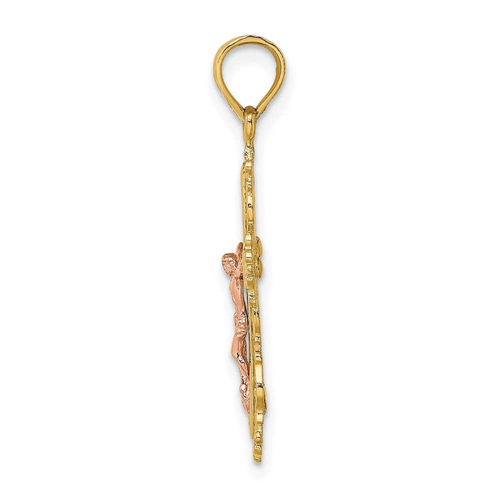 10K Two-Tone Gold Solid Polished Large Crucifix with Lace Trim Charm