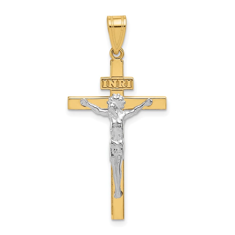 10K Two-Tone Gold Solid Polished Large INRI Latin Crucifix Pendant