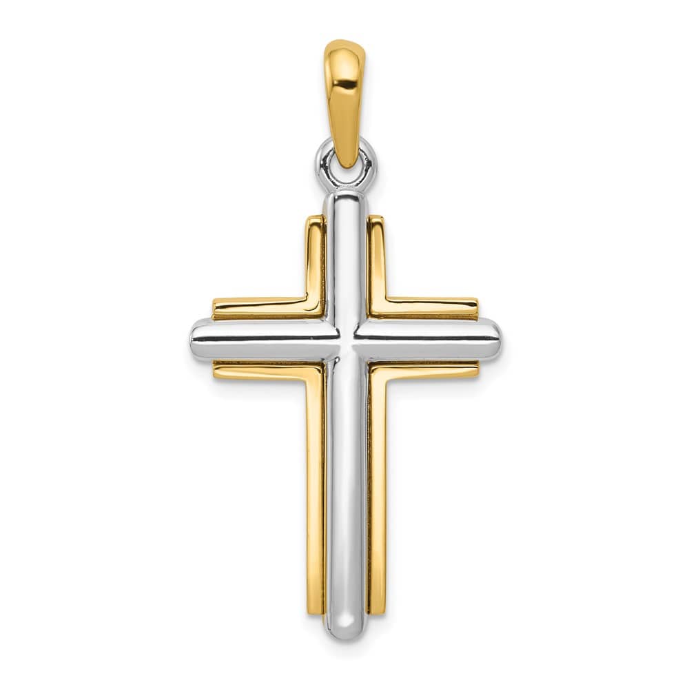 10K Two-Tone Gold Solid Polished Large Latin Cross with Frame Pendant