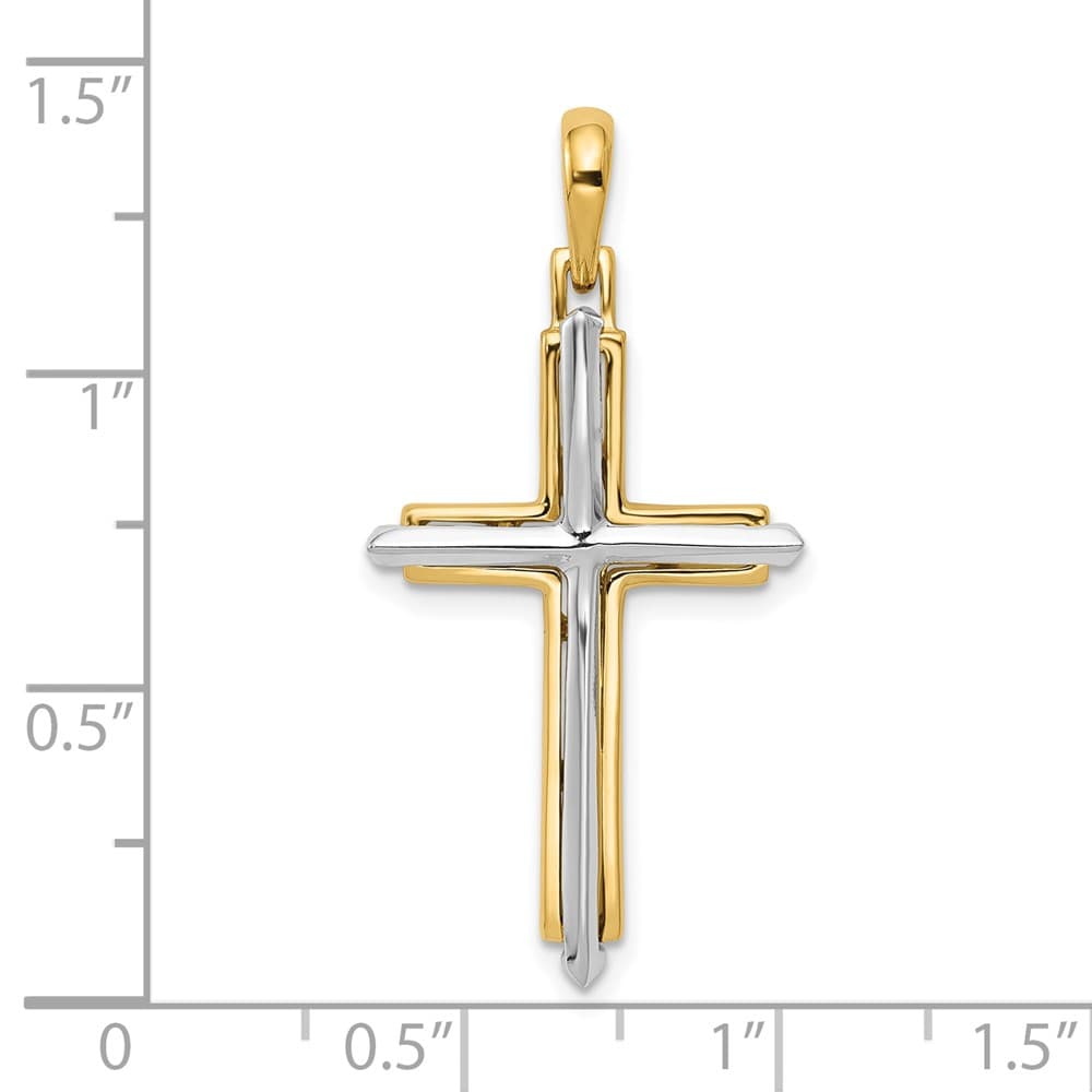 10K Two-Tone Gold Solid Polished Large Latin Cross with Frame Pendant