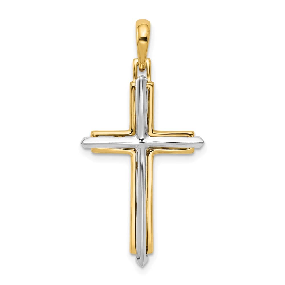 10K Two-Tone Gold Solid Polished Large Latin Cross with Frame Pendant