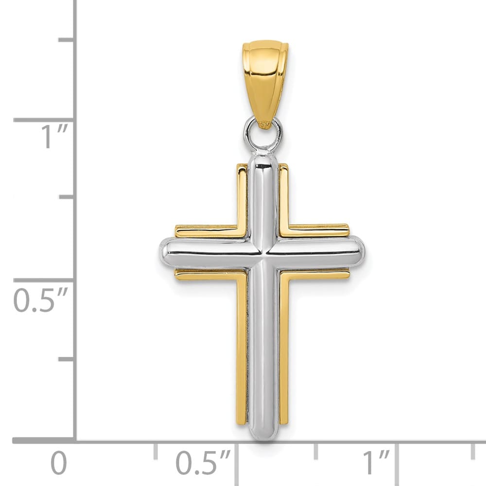 10K Two-Tone Gold Solid Polished Large Latin Cross with Frame Pendant