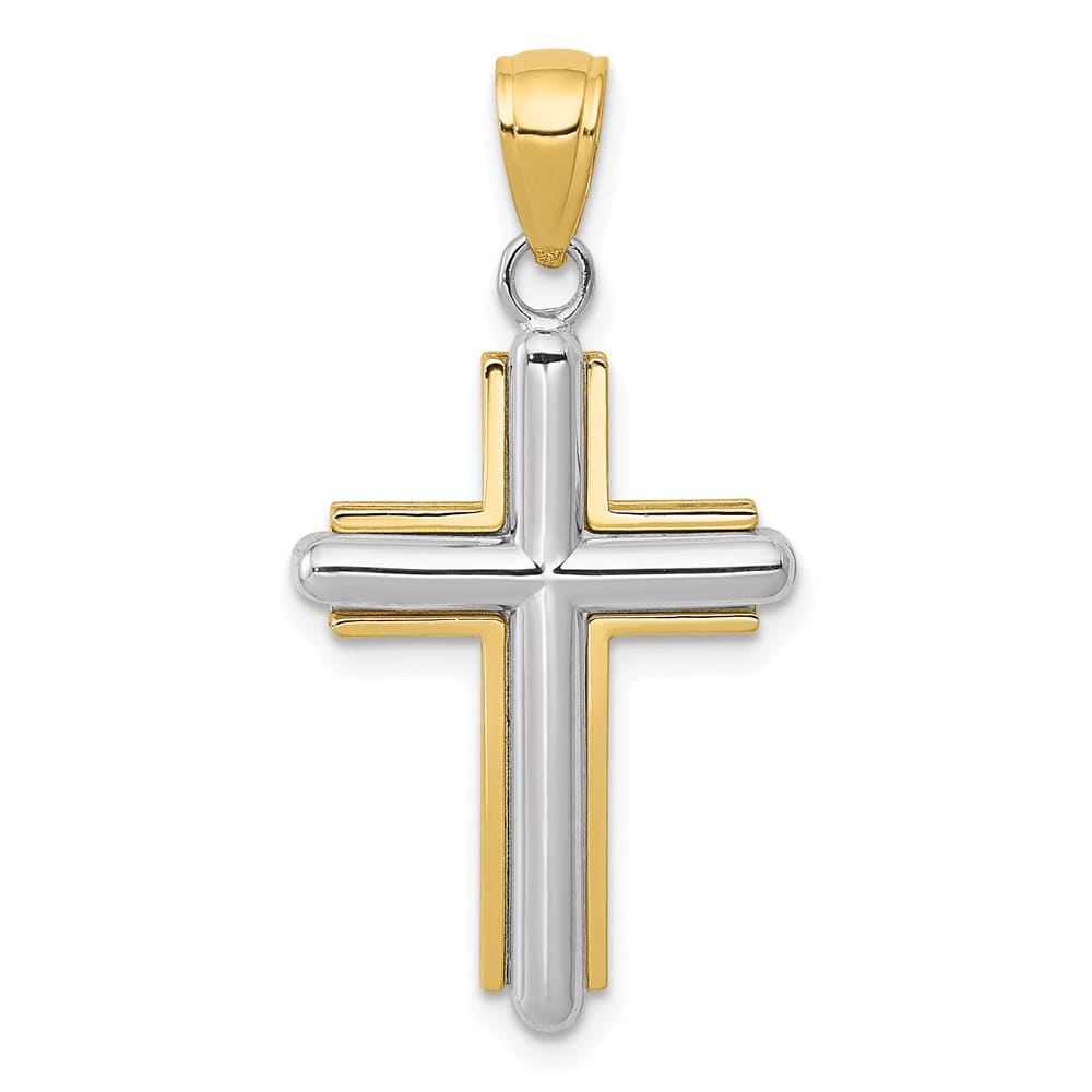 10K Two-Tone Gold Solid Polished Large Latin Cross with Frame Pendant