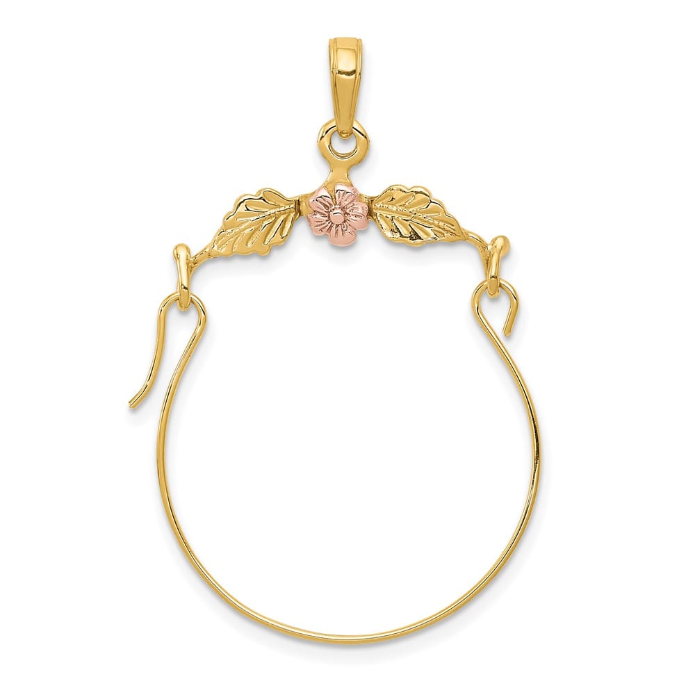 10K Two-Tone Gold Solid Polished Large Leaves with Flower Charm Holder