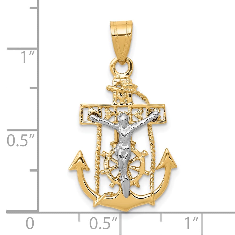 10K Two-Tone Gold Solid Polished Large Mariner's Crucifix Pendant