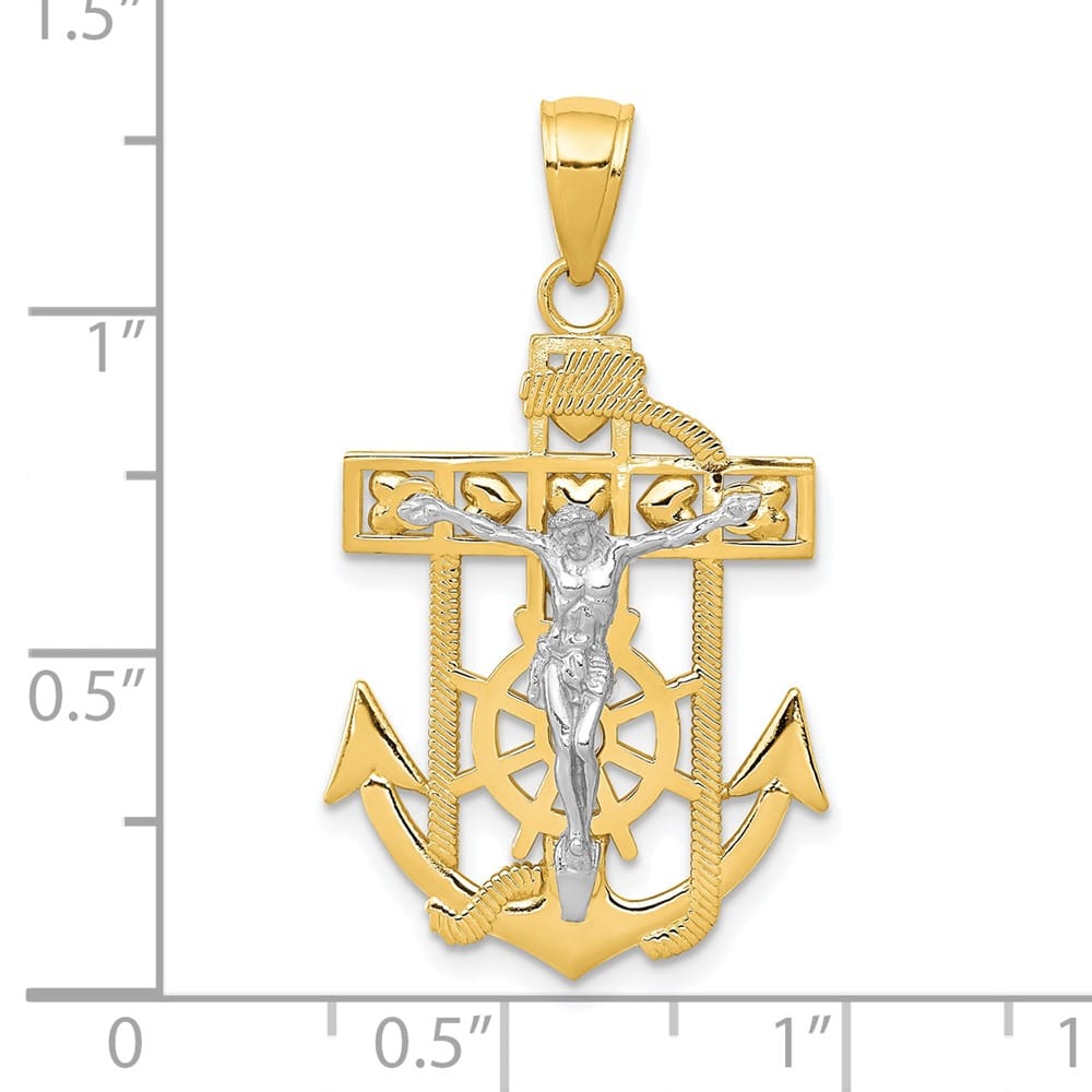 10K Two-Tone Gold Solid Polished Large Mariner's Crucifix Pendant