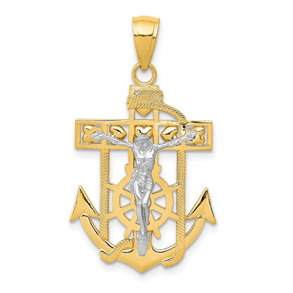 10K Two-Tone Gold Solid Polished Large Mariner's Crucifix Pendant