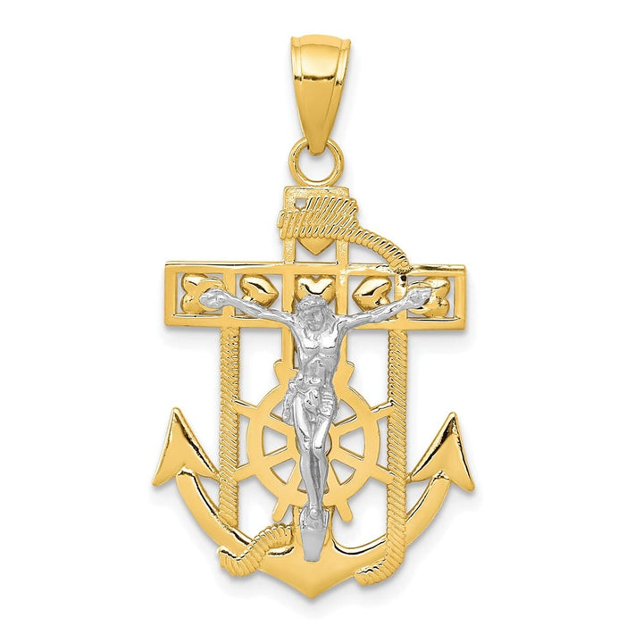 10K Two-Tone Gold Solid Polished Large Mariner's Crucifix Pendant