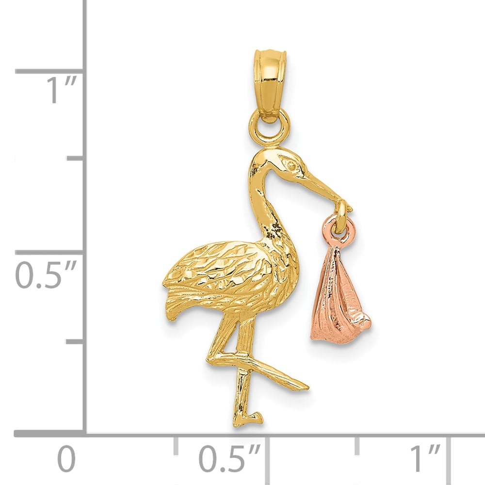 10K Two-Tone Gold Solid Polished Large Stork with Dangling Baby Charm
