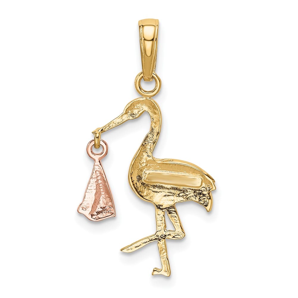 10K Two-Tone Gold Solid Polished Large Stork with Dangling Baby Charm