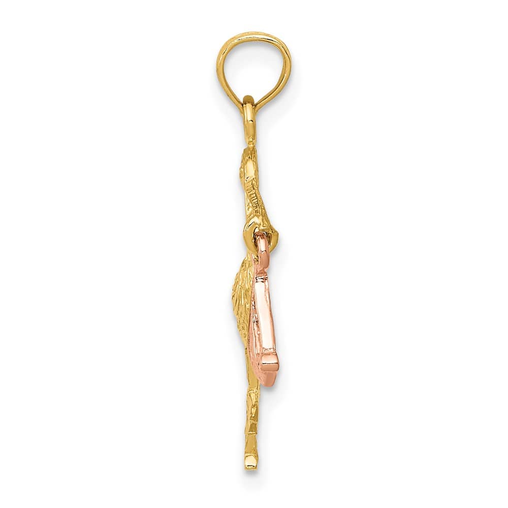 10K Two-Tone Gold Solid Polished Large Stork with Dangling Baby Charm