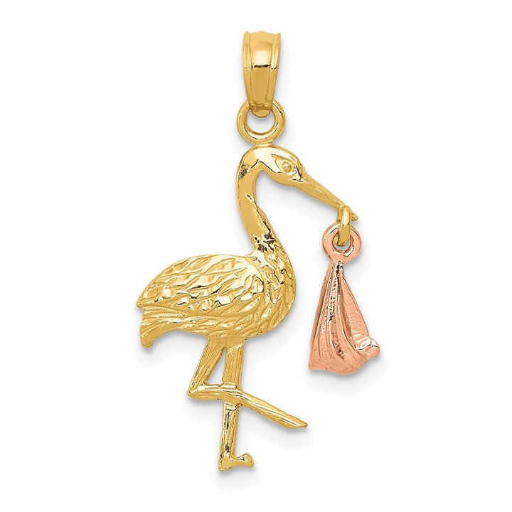 10K Two-Tone Gold Solid Polished Large Stork with Dangling Baby Charm