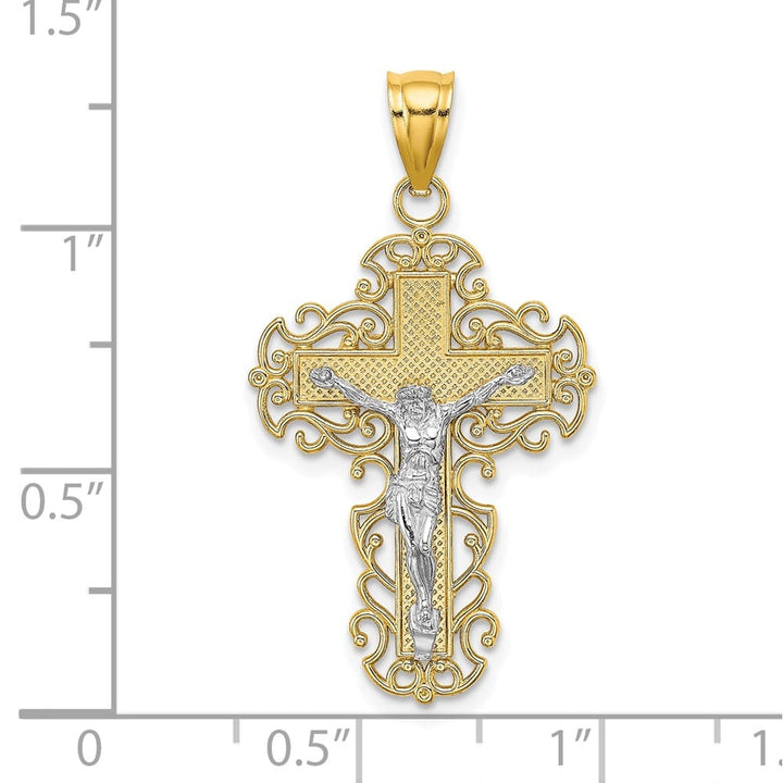 10K Two-Tone Gold Solid Polished Large with Lace Trim Crucifix Charm