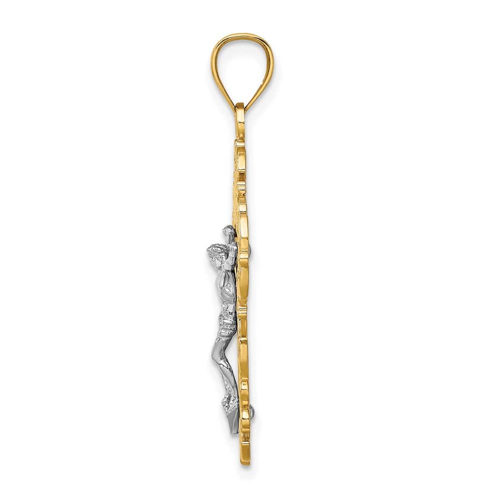 10K Two-Tone Gold Solid Polished Large with Lace Trim Crucifix Charm