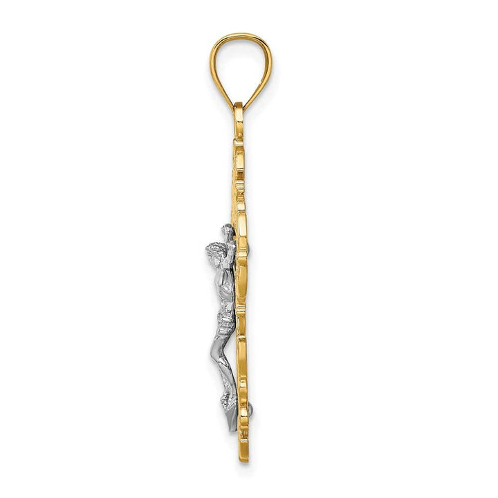 10K Two-Tone Gold Solid Polished Large with Lace Trim Crucifix Charm