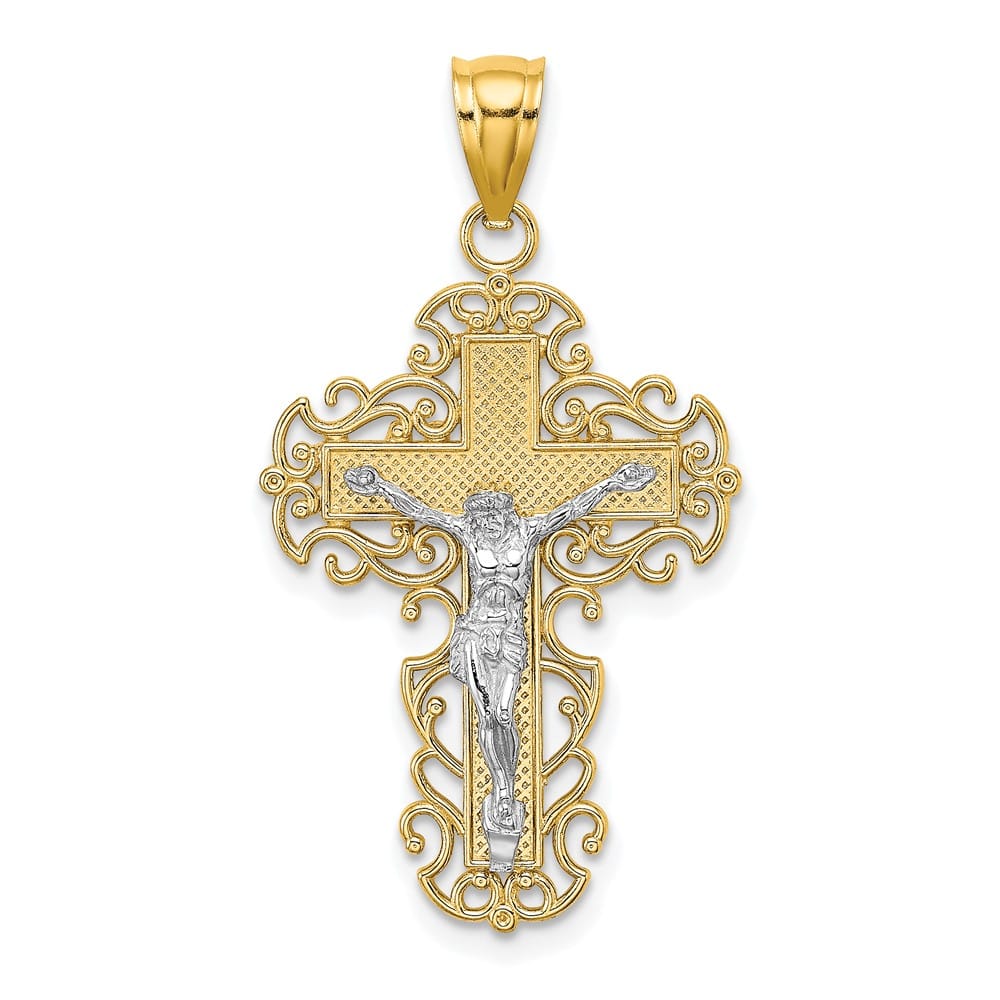 10K Two-Tone Gold Solid Polished Large with Lace Trim Crucifix Charm