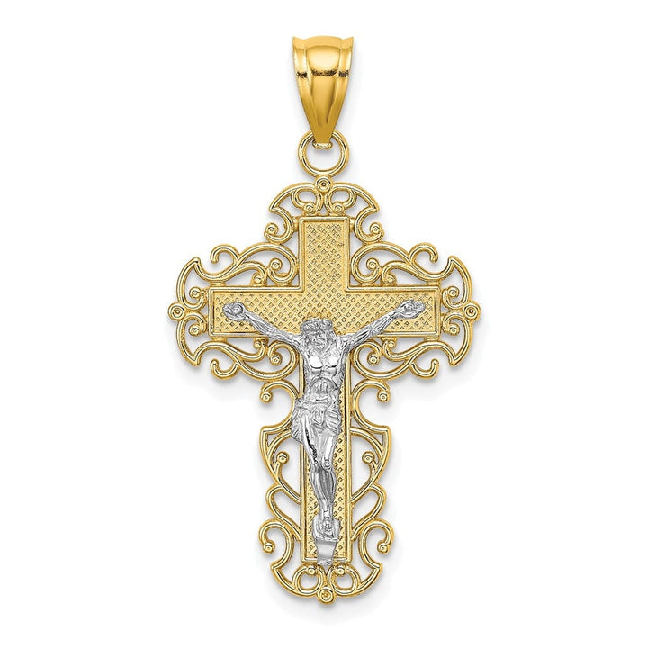 10K Two-Tone Gold Solid Polished Large with Lace Trim Crucifix Charm