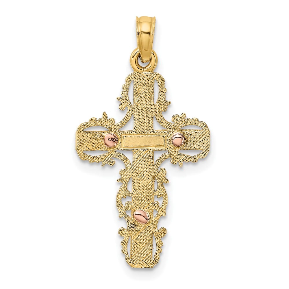 10K Two-Tone Gold Solid Polished Large with Lace Trim Crucifix Charm