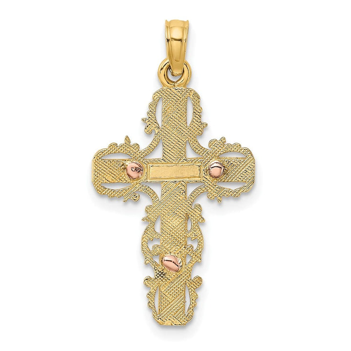 10K Two-Tone Gold Solid Polished Large with Lace Trim Crucifix Charm