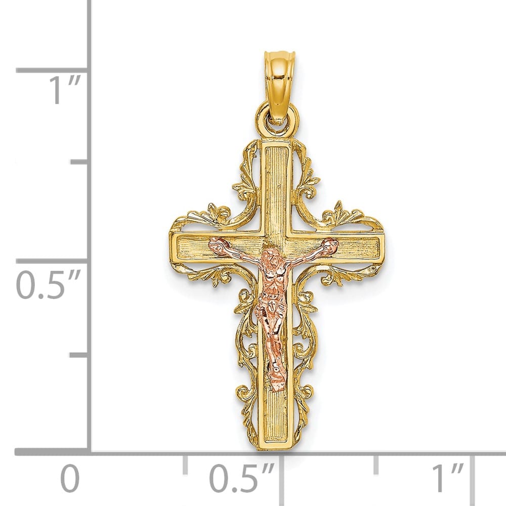 10K Two-Tone Gold Solid Polished Large with Lace Trim Crucifix Charm